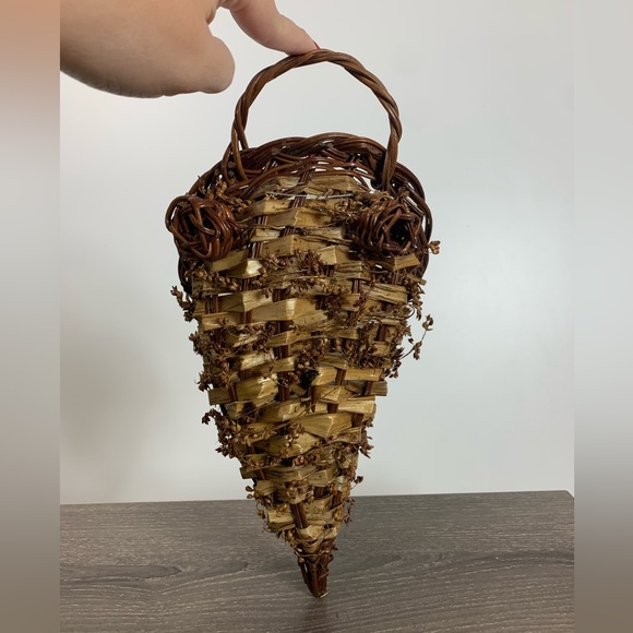 Primitive Cornucopia Horn Basket Lined Floral Thanksgiving Fall Farmhouse Rustic - Picture 14 of 16